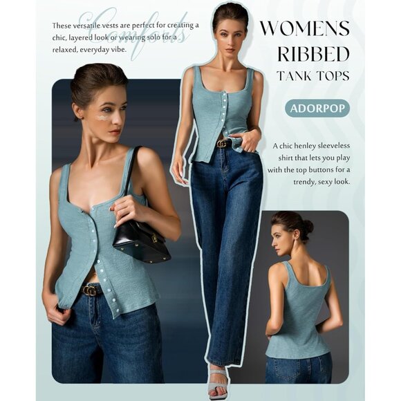 Adorpop Womens Bluish Grey Ribbed Sleeveless Blouses Button Down Henley Shirts - Picture 5 of 5